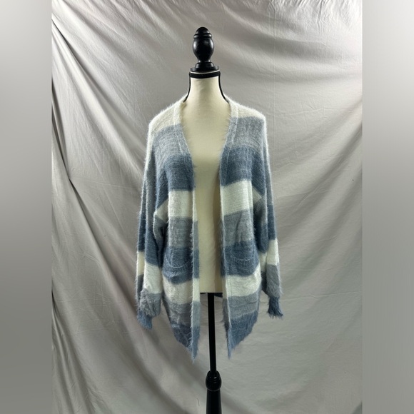 Blue Drop Shoulder Open Front Fluffy Knit Cardigan - Picture 6 of 8
